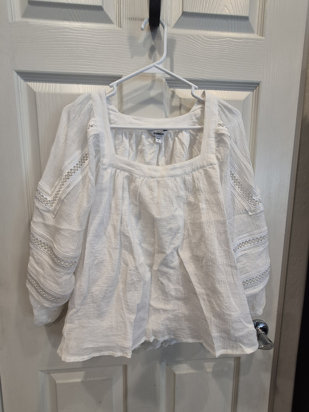 Express White Peasant Blouse - Lace Sleeve Square Neck